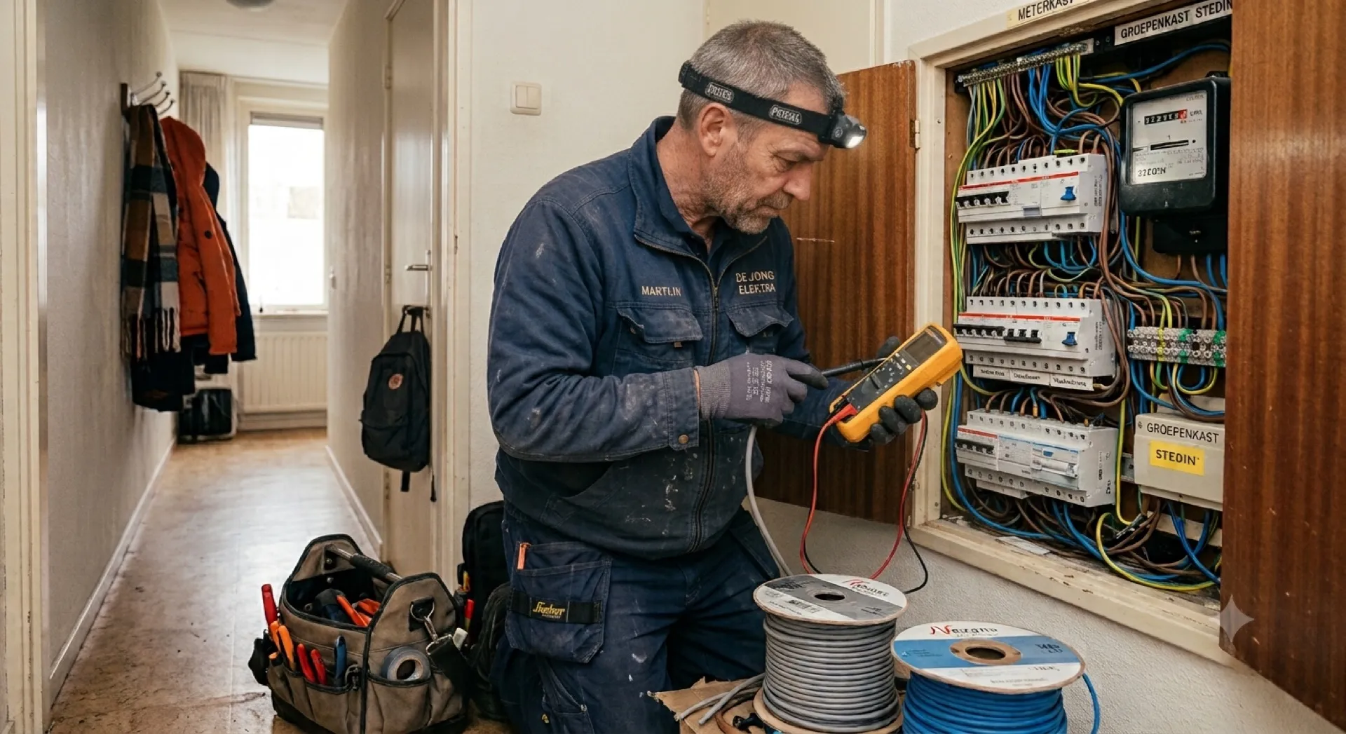 Elektricien controleert de bedrading in een groepenkast met een multimeter, kabelhaspels op de vloer