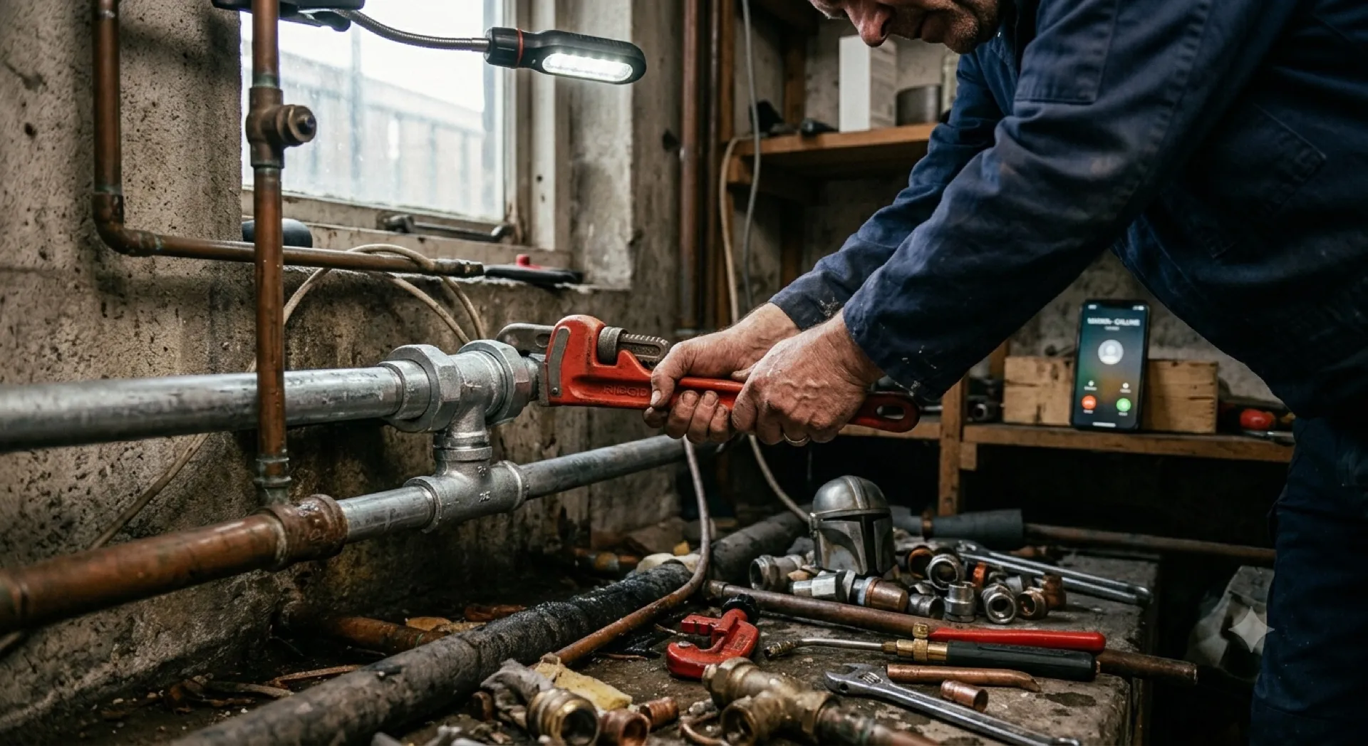 Loodgieter draait met een pijptang aan een waterleiding in een kelder terwijl zijn telefoon op de werkbank oplicht met een oproep
