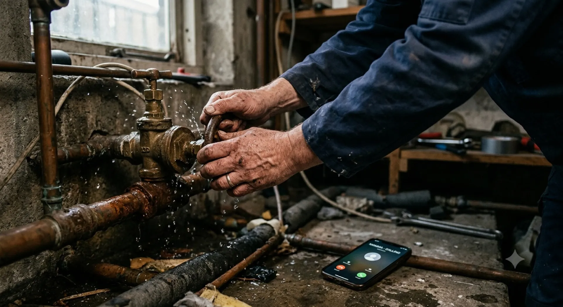 Handen van een loodgieter draaien de hoofdkraan dicht bij een lekkage, met de telefoon binnen handbereik op de vloer