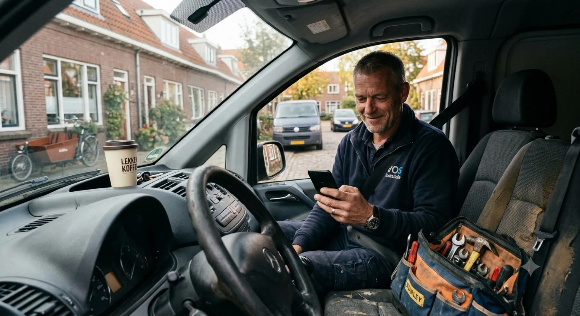 Zelfstandig monteur zit in zijn bedrijfsbus en leest de WhatsApp-samenvatting van Sten AI op zijn telefoon