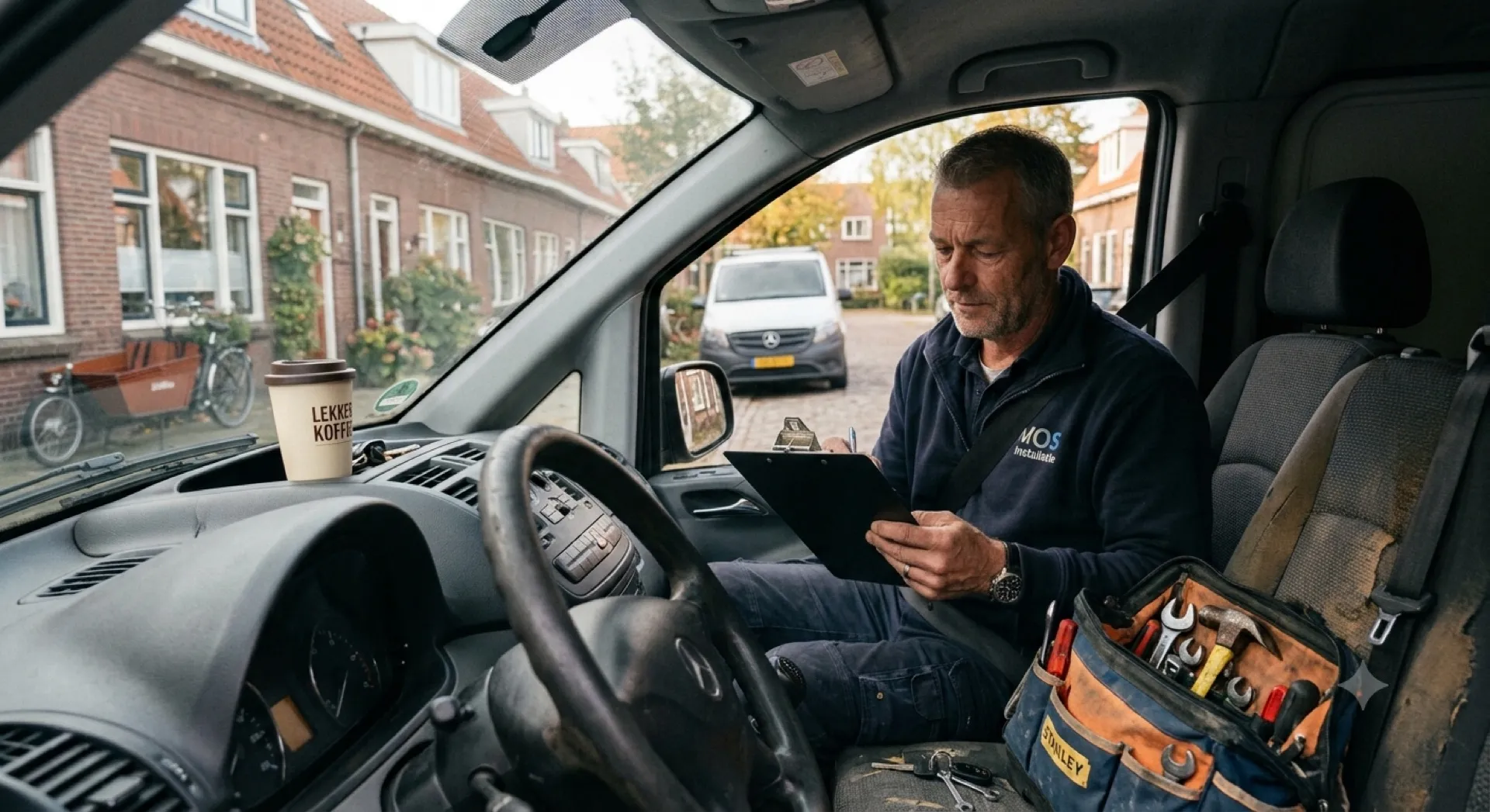 Monteur bekijkt zijn planning op een tablet in de bestuurdersstoel van zijn bedrijfsbus
