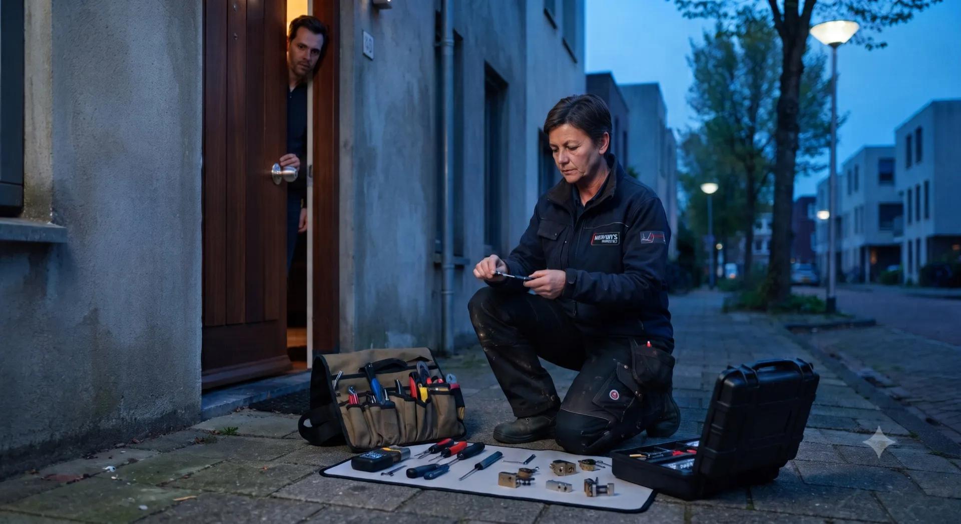 Slotenmaker werkt in de schemering aan een voordeur terwijl de bewoner in de deuropening staat te wachten