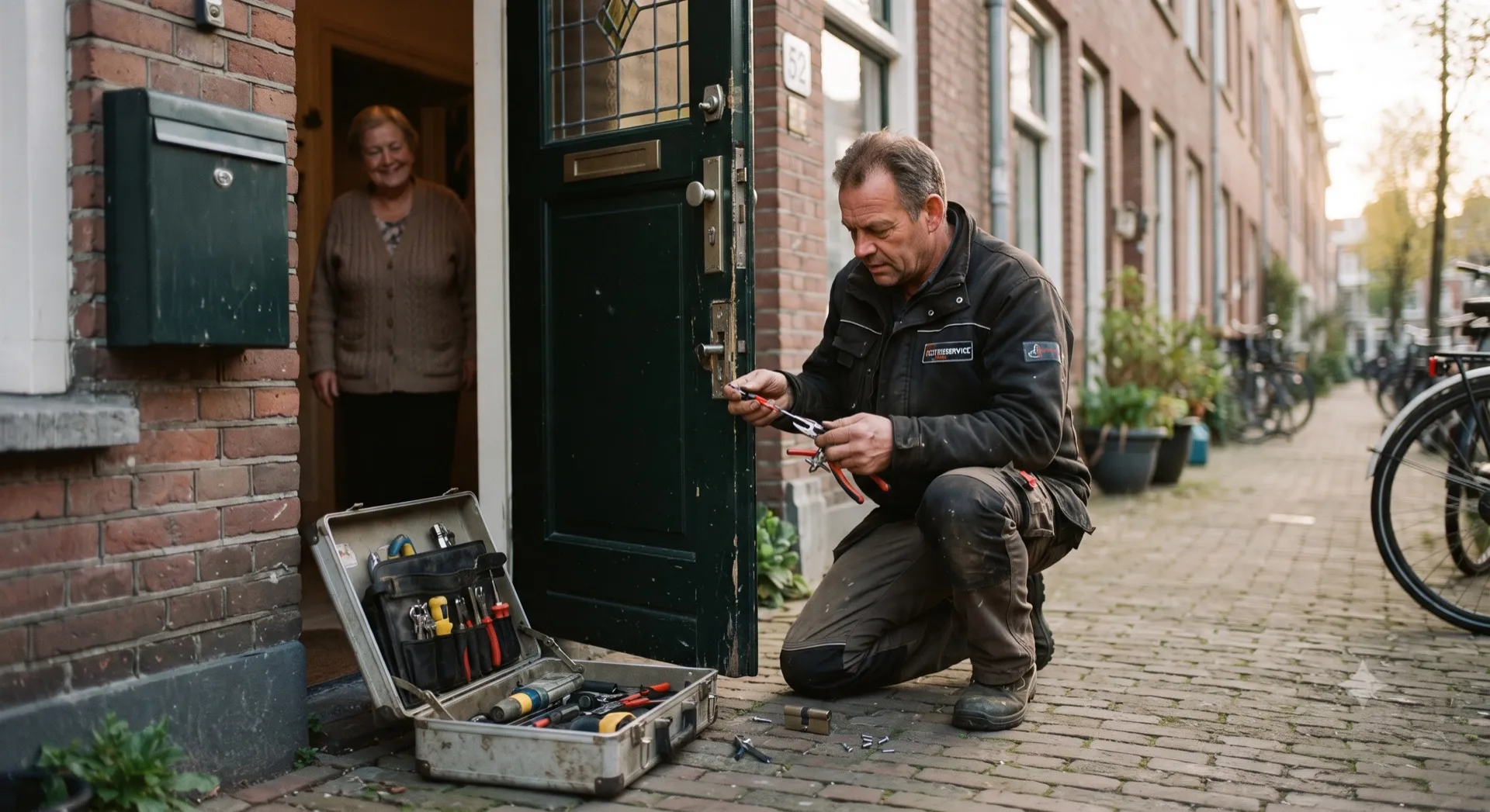 Slotenmaker vervangt overdag een cilinderslot bij de voordeur van een woning, met open gereedschapskoffer naast zich